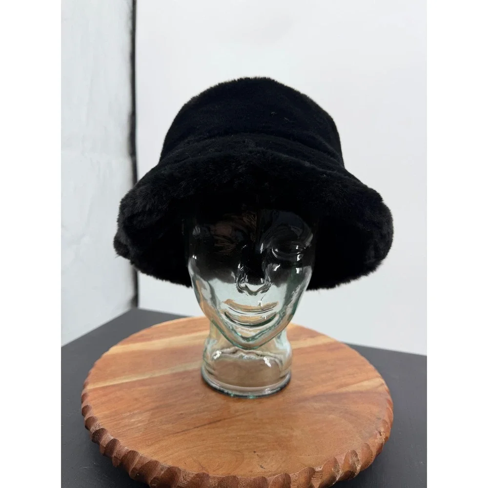 INC International Concepts Faux Fur Bucket Hat Womens OS Black Plush Cozy